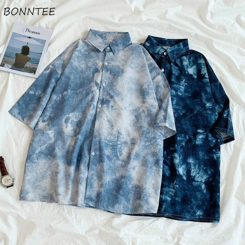 

Women Shirts Tie Dye Plus Size 3XL Printed Short Sleeves Turn-down Collar Korean Style Leisure Fashion Chic Loose All-match Fit
