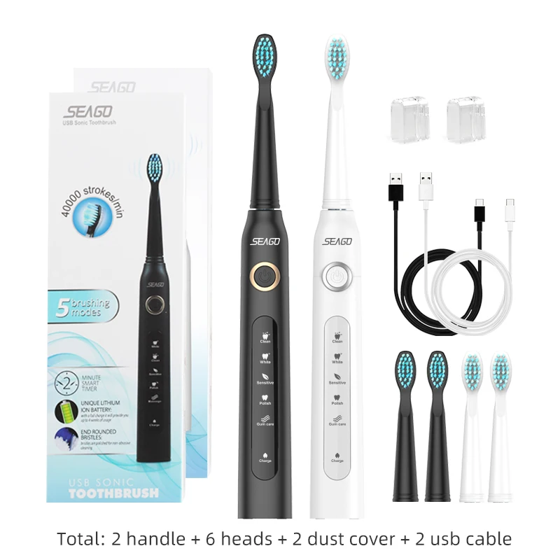 

SEAGO Sonic Electric Toothbrush SG-507 Adult Waterproof IPX7 5 Mode USB Charging Rechargeable Tooth Brushes Replacement Heads