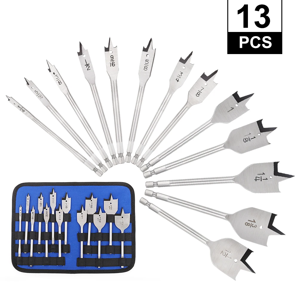 

COMOWARE 13 Pcs Spade Drill Bit Set Paddle Flat Bits Set for woodworking Carbon steel Titanium with Portable Nylon Storage Holde