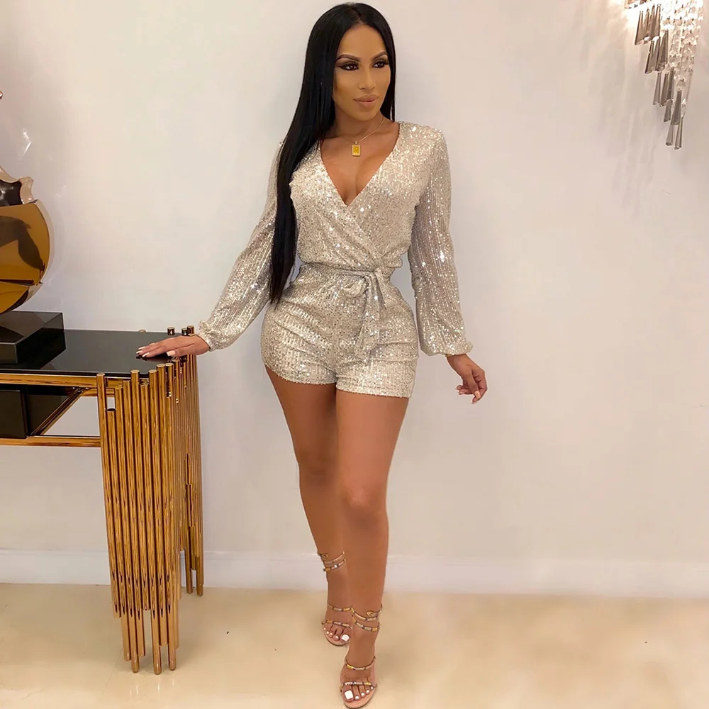 Женский комбинезон с блестками сексуальный длинным рукавом пайетками золотой