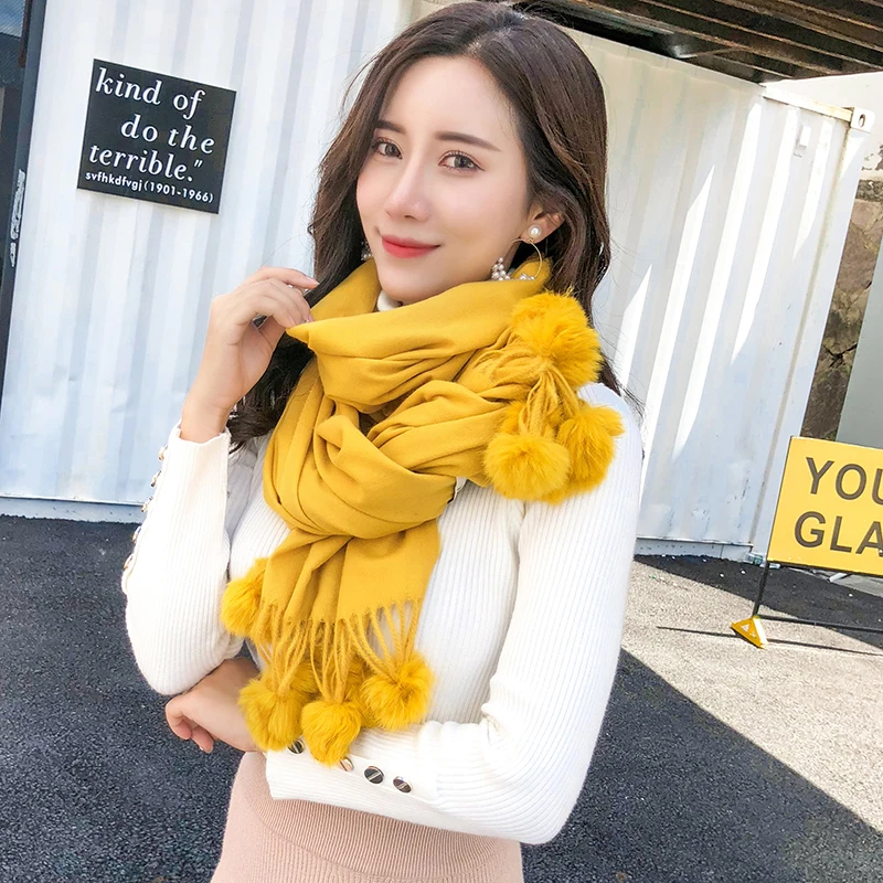 Теплые зимние шерстяные кашемировые шарфы с помпонами розовый толстый шарф