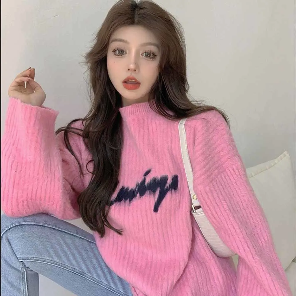 

Pink Letter Sweater Women Sweet Loose Knitted Long Sleeve Tops Thick Warm Pullovers Woman 2021 Autumn New