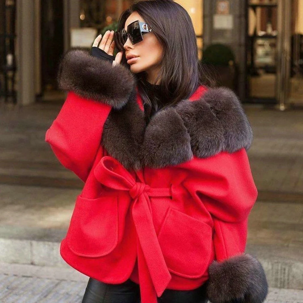 Women's Real Fox Fur Cashmere Coat Outwear 2022 Trendy Woman Natural Wool Blends Fox Fur Coats with Hood Thick Warm Overcoats enlarge