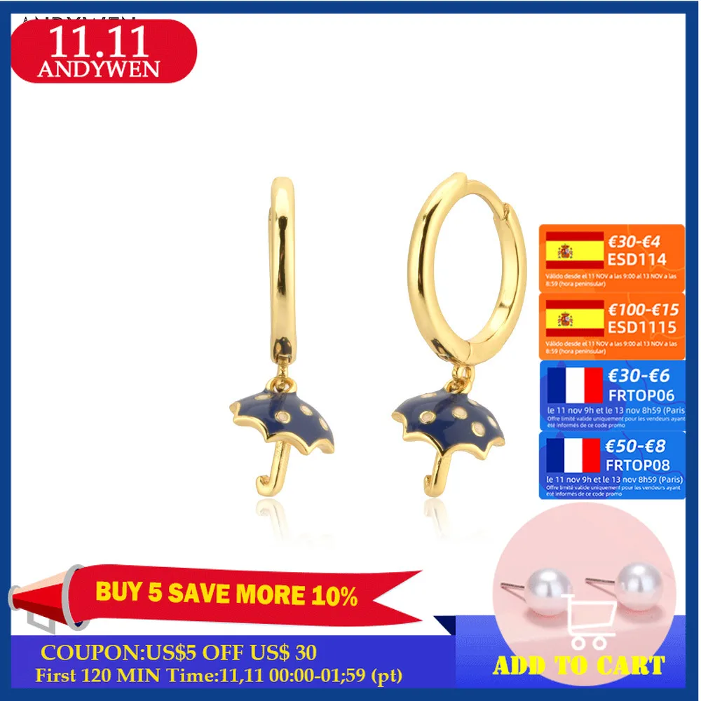 

Серьги-подвески ANDYWEN из серебра 925 пробы с золотым зонтиком и синей эмалью, пирсинг-клипсы, свадебный подарок, маленькие и крошечные ювелирны...