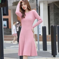 winter ribbing knit thick womens dress pink beige office lady collect waist slim elegant midi sweater dress vestidos 2021