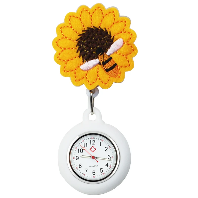 FOB Nurse Pocket Watch Sunflower Bee Lapel Digital Medical Clock  Pin Clip Jojo ID Round Reel Lanyard