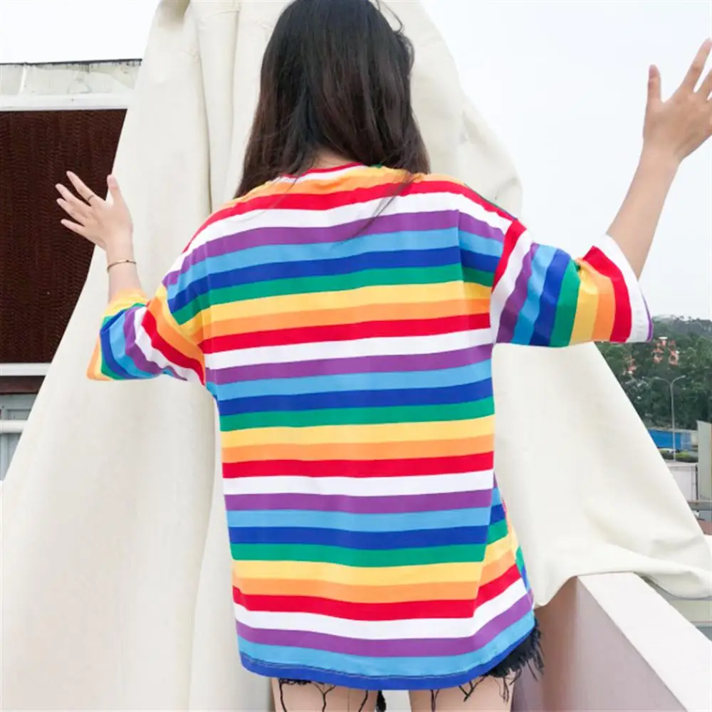 Горячая Футболка женская Радужная полосатая футболка 2019 летняя Корейская