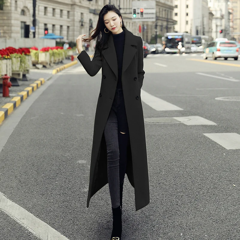 

Women's black woolen coat long over the knee 2021 new Korean winter high-end waisted woolen coat