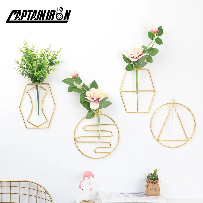 

CAPTAINIRON Wall Hanging Flower Vases With Terrarium Iron Abstract Geometry Rack for Interior Home Decor Flower Arrangement Pots