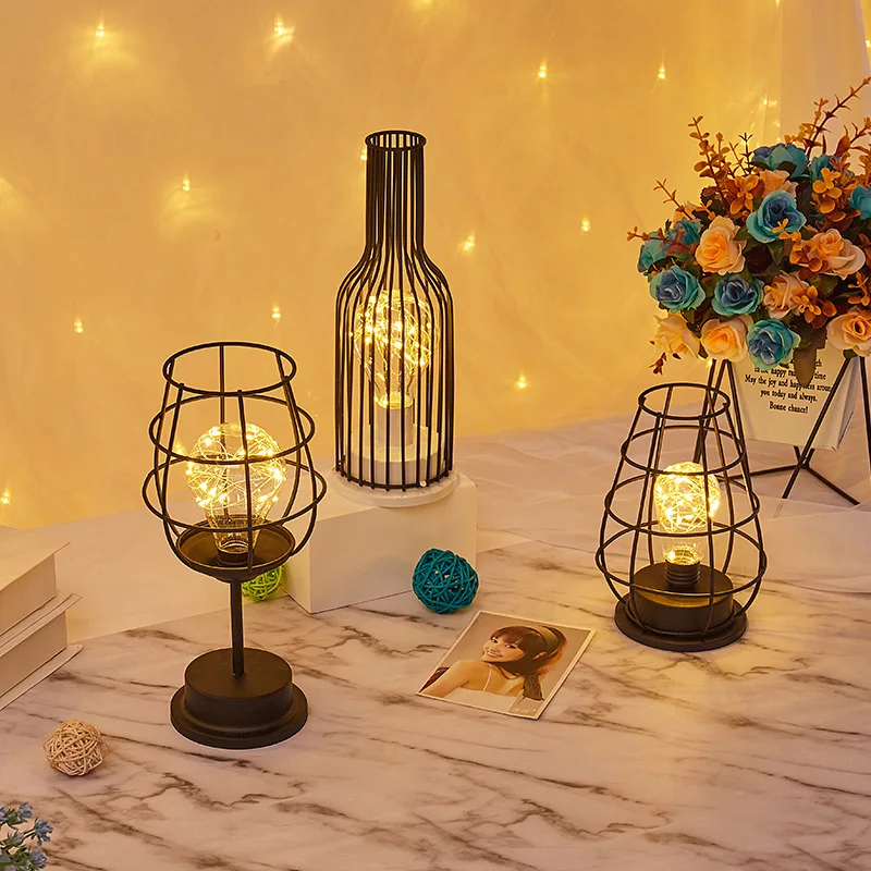 

LED Desk Lamp Battery Powered Retro Bulb Iron Table Wine Bottle Copper Wire Night Light Creative Hotel Home Decor DIY Night Lamp