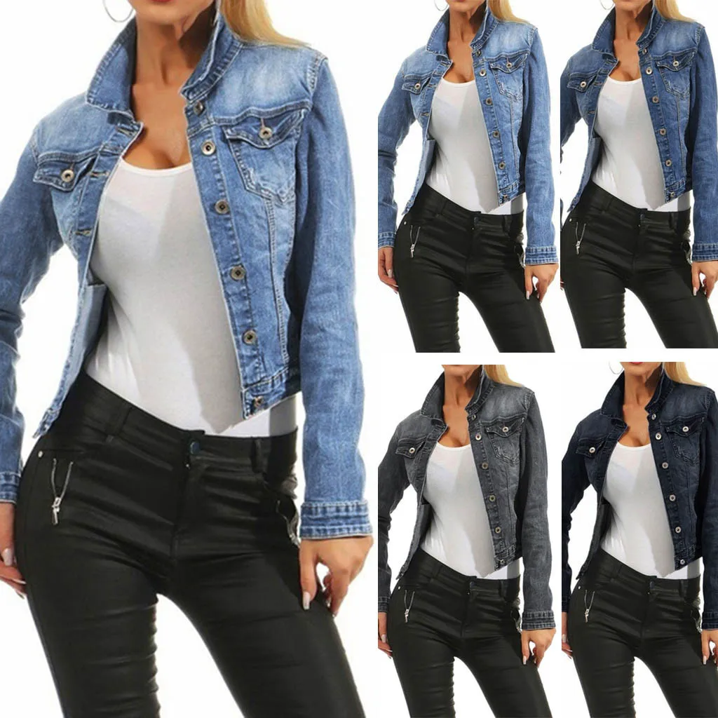 

Women's Denim Jacket Short Female Bomber Jackets Casual Fashion Spring Autumn Long Jean Coat Bead Outwear Overcoat Plus Size