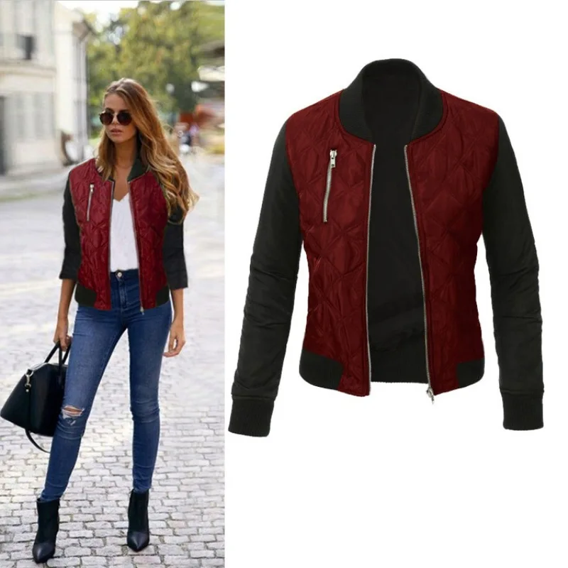 

Leisure Fashion Solid Women Jacket O-neck Zipper Stitching Quilted Bomber Jacket New Women Coats