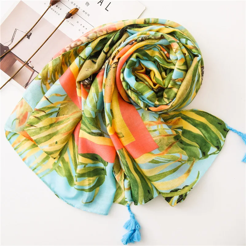 2019 зеленый шарф с растительным принтом для женщин Лето Весна пляжная шаль дам