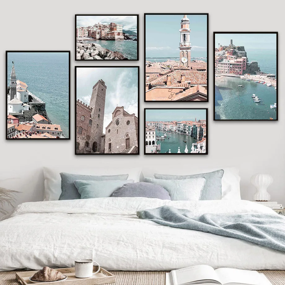 

Wall Art Canvas Painting Italy San Gimignano Venice Piran ocean Nordic Posters Prints Wall Pictures For Living Room Decoration