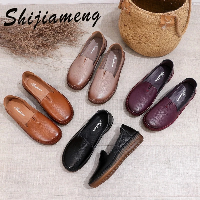 

Autumn 2021 new fashion shoes leather casual mother's shoes hand sewn soft sole and soft surface flat sole women's single shoes