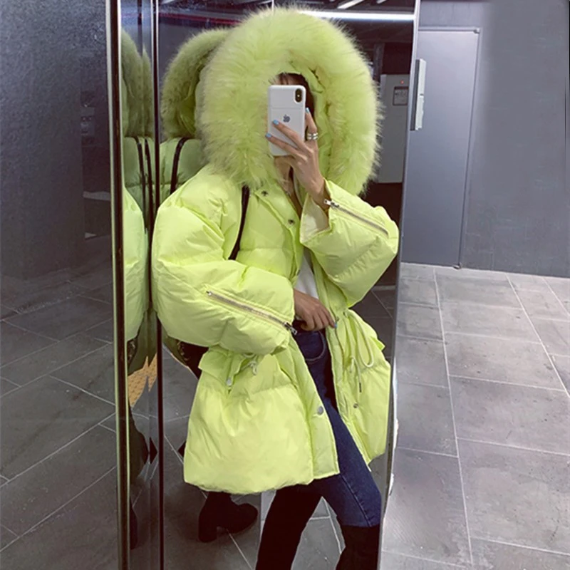 Куртка Janveny женская с большим капюшоном из натурального меха енота пуховик в