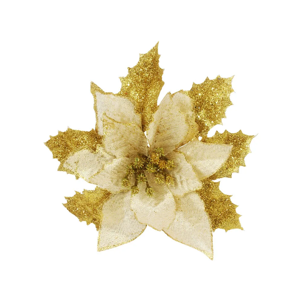 Gold(17cm) 12pcs/lot Artificial Christmas Flowers Plastic&Cloth Glitter Hollow Flower For Christmas Tree Decoration DIY Xmas New Year Decor - Цвет: Gold(17cm)