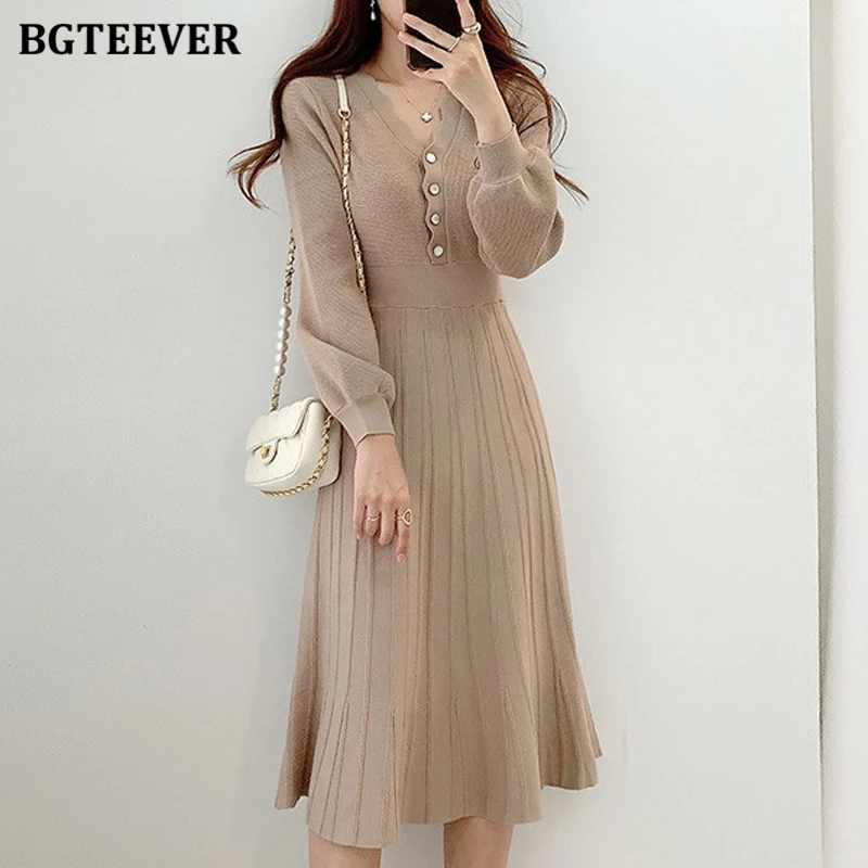 

BGTEEVER Elegant Women Single-breasted Sweater Dress 2020 Winter Warm Slim Waist Female Knitted Dress A-line Vestidos femme