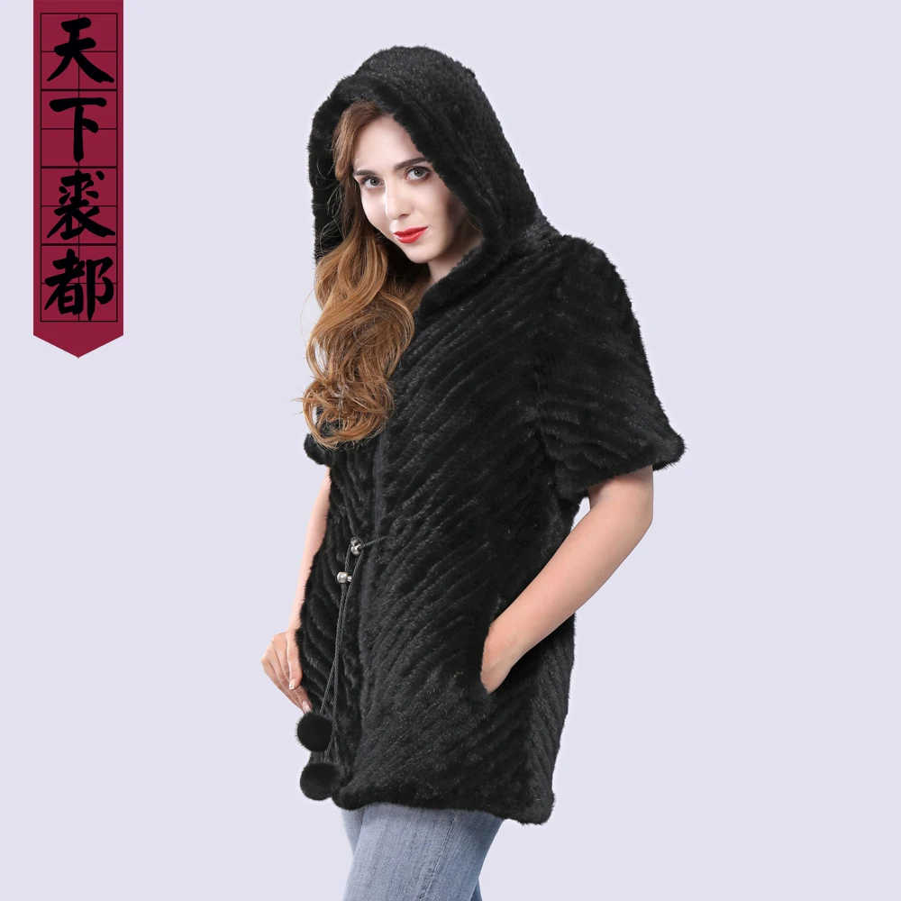 Шуба из натурального меха норки с коротким рукавом капюшоном и ремнем | Женская