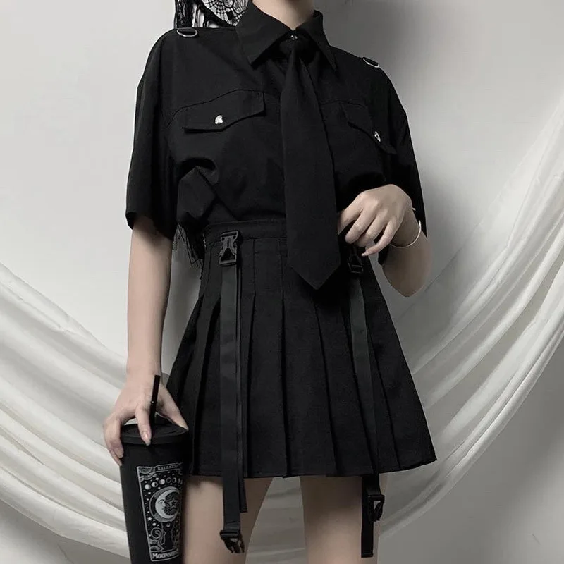 Harajuku уличная черная однобортная рубашка женская готическая летняя футболка с