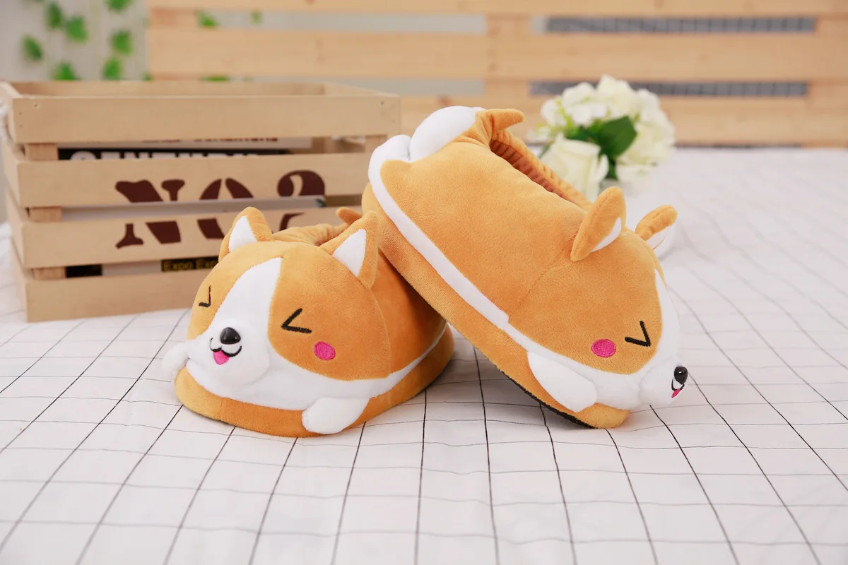 Lovely Corgi Shoes Heeled Cartoon Animals Dog Slippers Plush Indoor Floor Shoes Anti-slip Girls Ladies Friend Gift