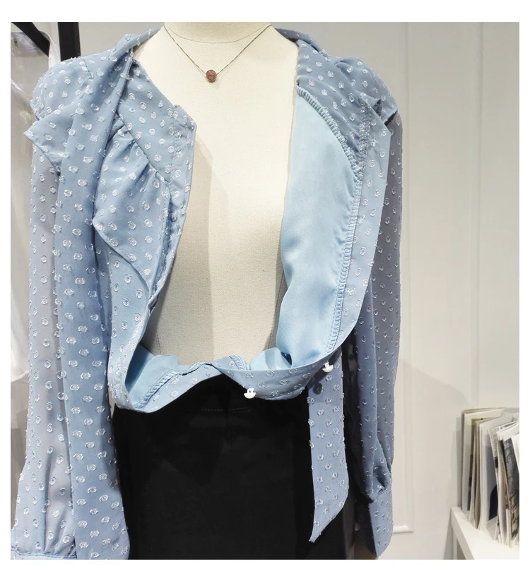 

New Fashion Lace Up Bow Chiffon Shirt Sweet Women's Long Sleeve Polka Dot Ruffle Top Elegant Ladies Blouses