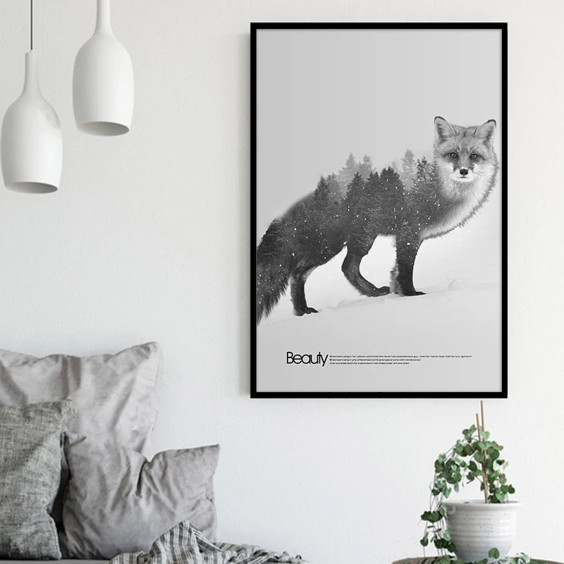 Рисунок на холсте с изображением оленя и лисы в скандинавском стиле - купить по