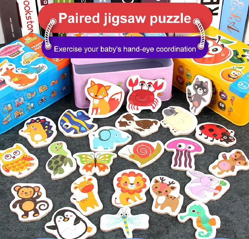 

Children's Cartoon Animal Traffic Fruit Tin Box Puzzle Baby Educational Kindergarten Early Education Matching Toy