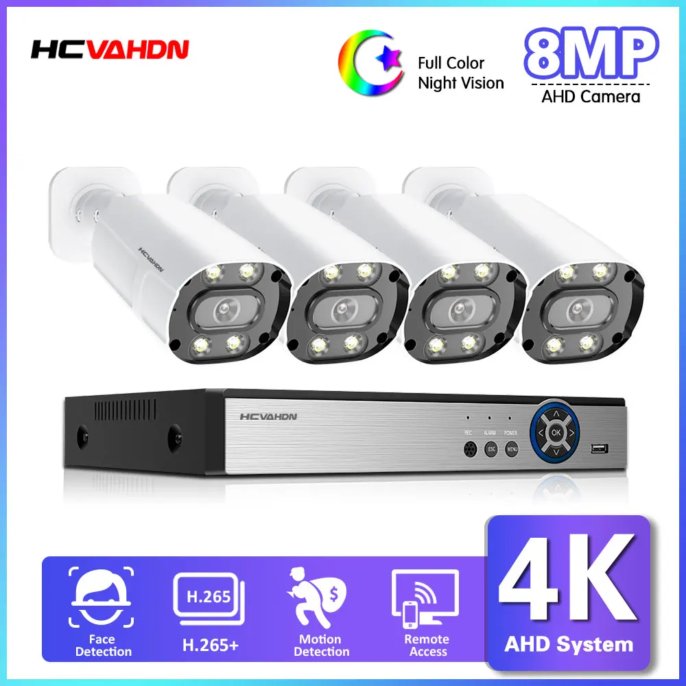 

8MP Color Night Vision Outdoor waterproof Face Detection Surveillance Camera 4CH 4K H.265 CCTV Video Security DVR System 6 IN1