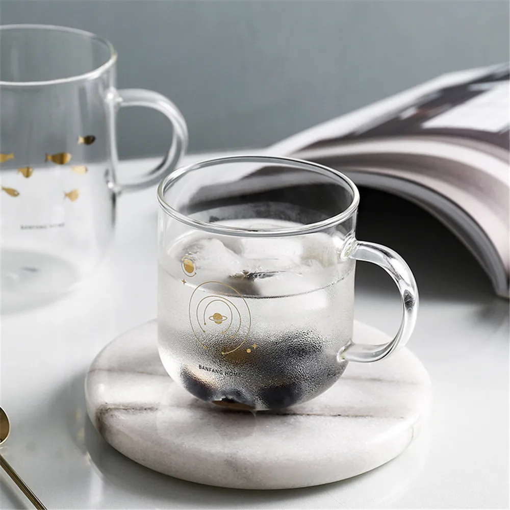 Chic Glass Mug Fish Planet Gold Printing Breakfast Milk Juice Coffee Cup Crystal Transparent Mugs Handle Drinkware Couple Gifts | Дом и сад