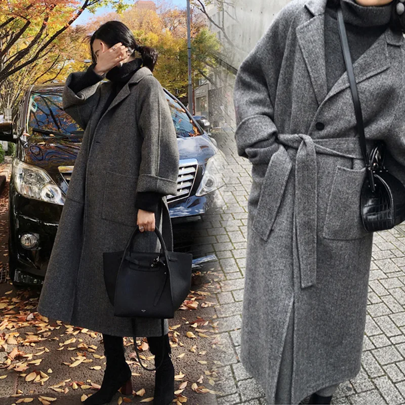 Женское шерстяное пальто [EWQ] теплое длинное с длинным рукавом и поясом Корейская