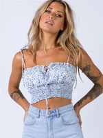 fast fashion women summer blue camisole floral printing front lace up ruched hem backless sleeveless tops