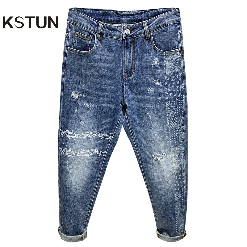 

Ripped Jeans Men Blue Stretch Capris Pants Trendy Printed Patterns Destroyed Hip Hop Men's Cropped Trousers Baggy Jeans Harem
