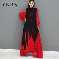 vkbn maxi dresses for women casual lace patchwork lantern sleeve stand up collar party dress elegant vestidos de fiesta