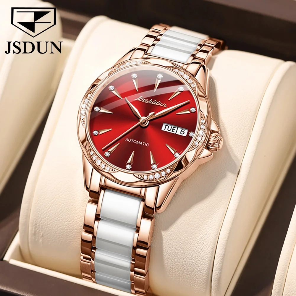 JSDUN Mechanical Ladies Watch Fashion Swiss Luxury Brand Ladies Watch Automatic Ceramic Strap Week Simple Watch montre femme