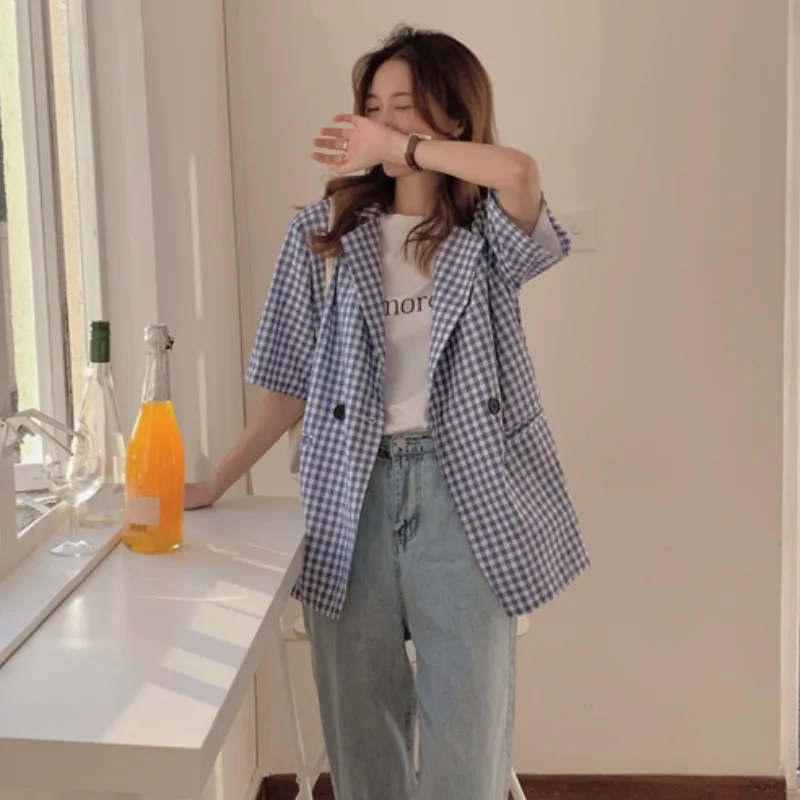 

Blue plaid temperament suit jacket female summer 2021 new Korean version loose and thin mid-length sunscreen