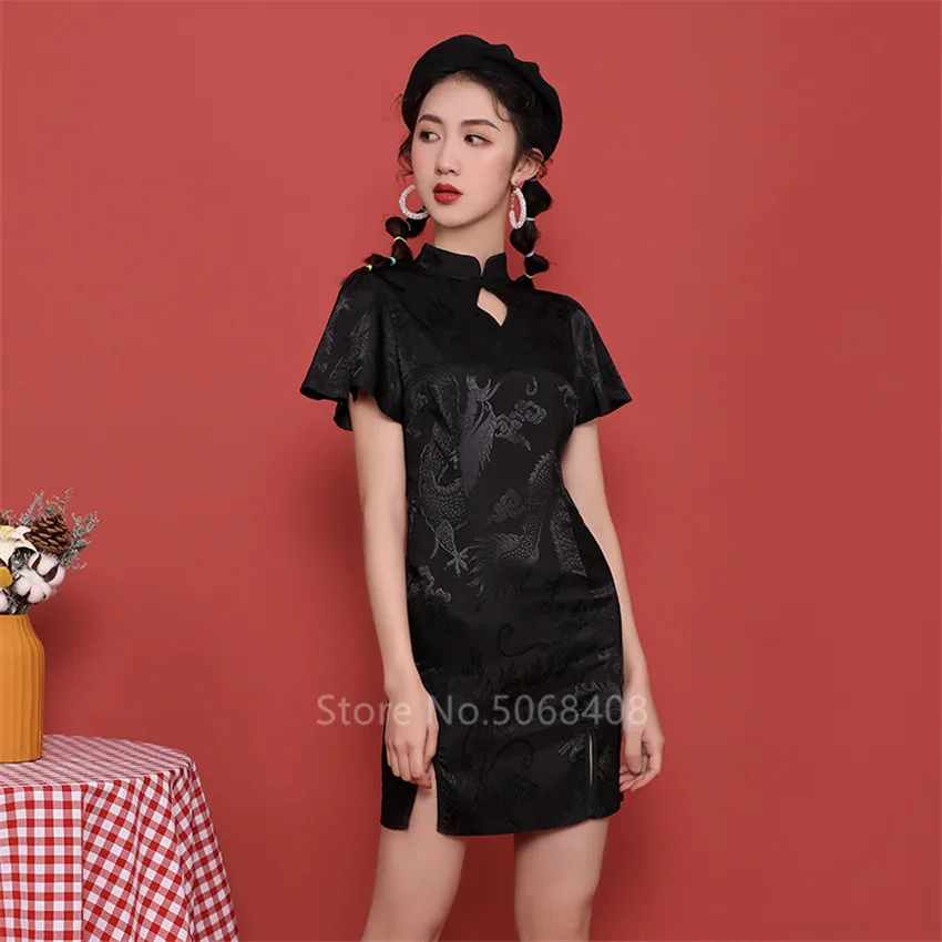 Платье Чонсам женское атласное винтажное китайское платье с драконом готический