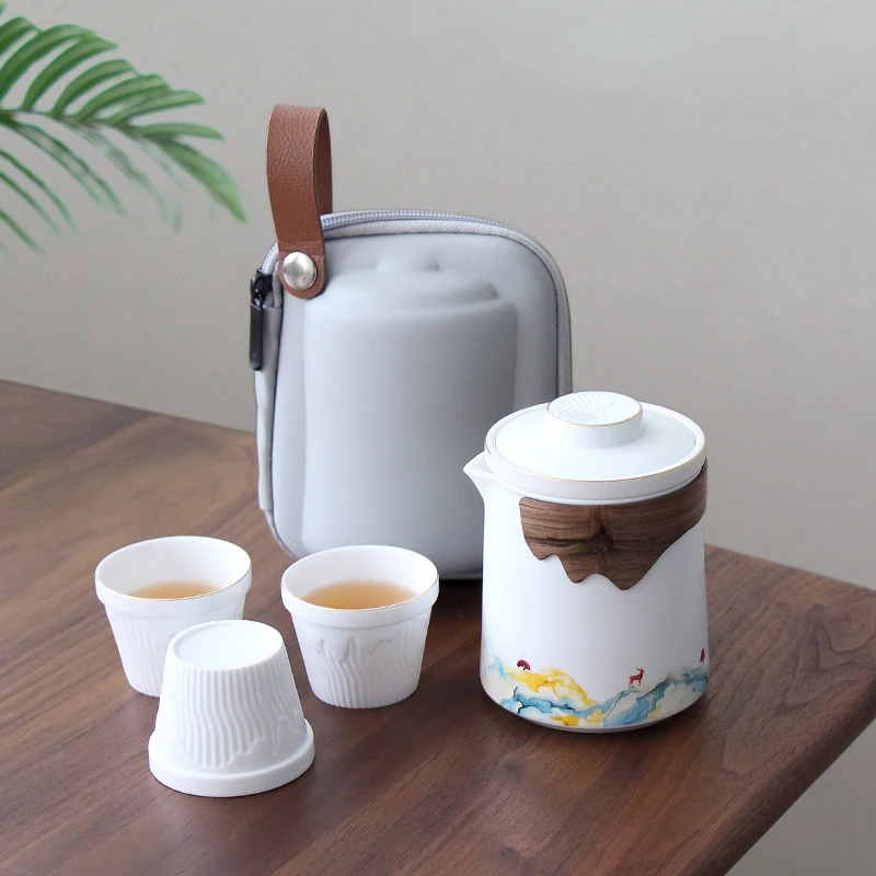 

Дорожный чайный набор, керамические портативные чайные принадлежности, наборы с чехлами, чайник с быстрой чашкой и фильтром, посуда для цве...