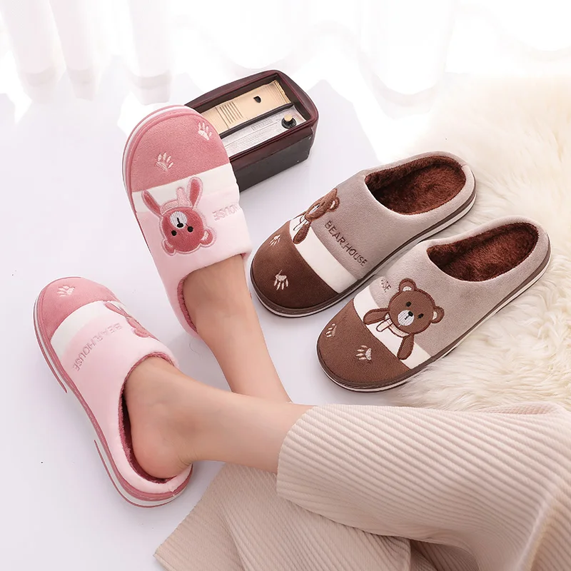 Женские тапочки с рисунком медведя зимние теплые меховые женская домашняя обувь