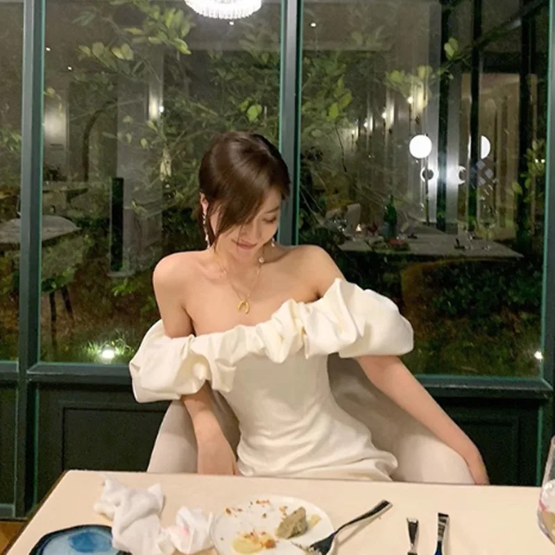 

Women Sexy Slim Mini Qipao Formal Party Dress One Shoulder Solid White Robe De Soiree Night Club Sheath Dress Banquet Dress