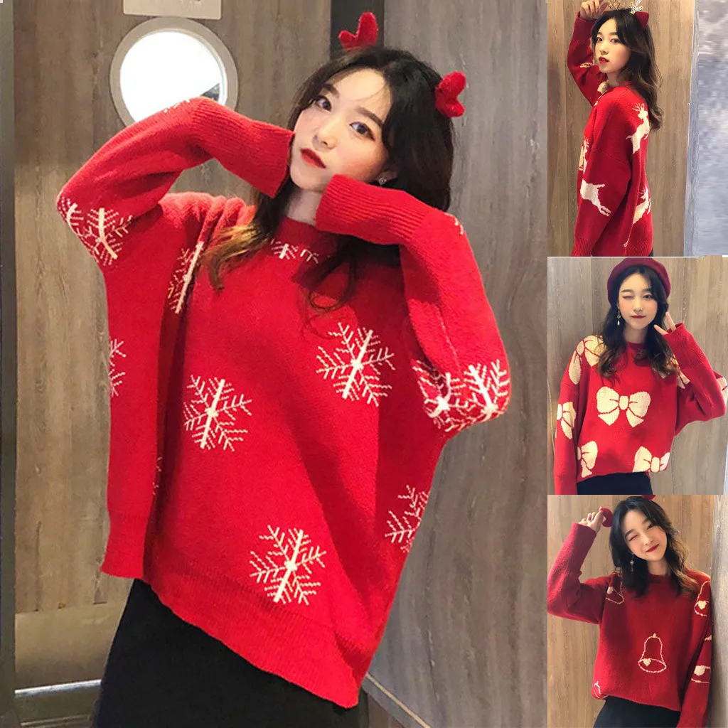 Christmas Women Sweater Santa Claus Reindeer Printed O-neck Long Sleeve Women Pullovers Winter Jumpers Knitwear Sweater