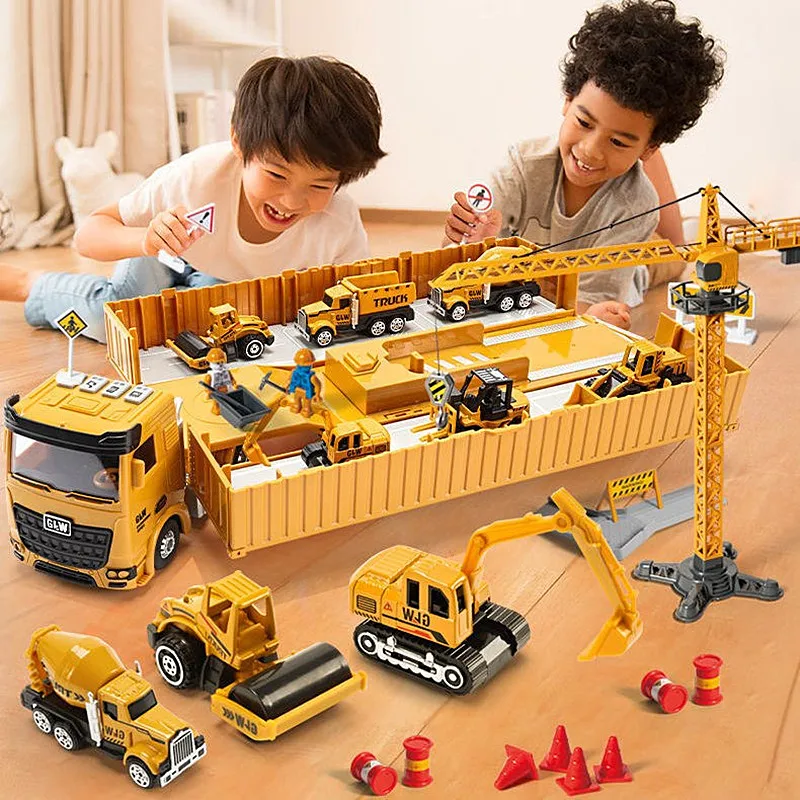 Coches de juguete de pl&aacute;stico y Metal para ni&ntilde;os, juguetes grandes para ni&ntilde;os, regalo de cumplea&ntilde;os, excavadora de aleaci&oacute;n, contenedor, camiones de construcci&oacute;n, remolque, juguetes para ni&ntilde;os-0
