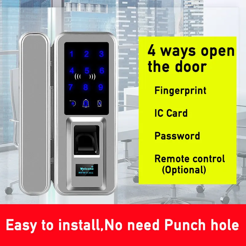 

Custom Biometric Front Door Lock Frameless No Holes Four Unlock Ways To Unlock Touch Screen Password Code RFID Card Keyless