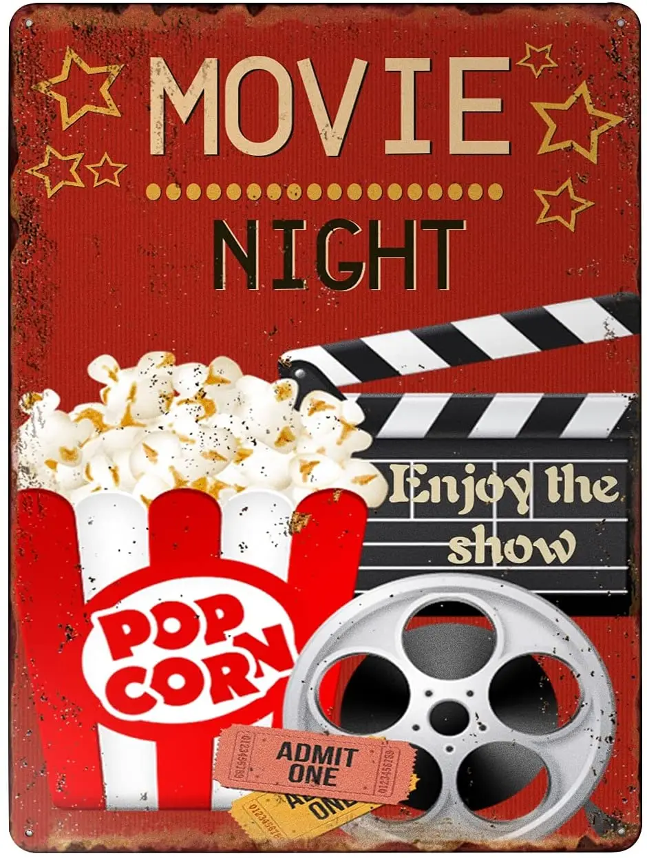 

Movie Night Poster Tin Sign Enjoy The Show with Popcorn Metal Sign Wall Decor Metal Iron Tin Sign Vintage Hanging Wall Art for