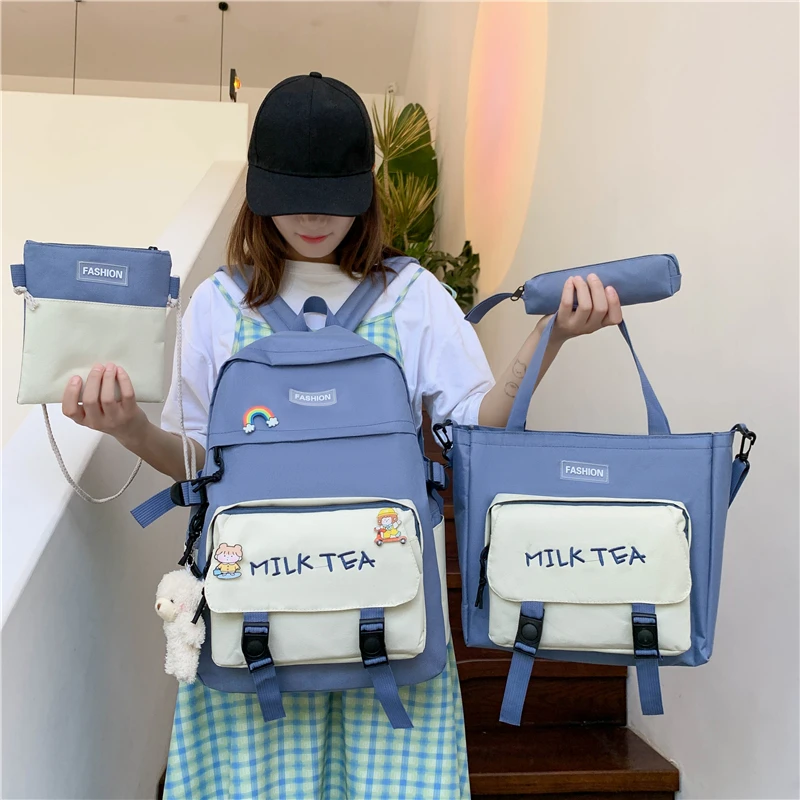 

4 Piece Set High School Bags for Teenage Girls Anti-theft Travel Backpack Women Bookbags Student Schoolbag