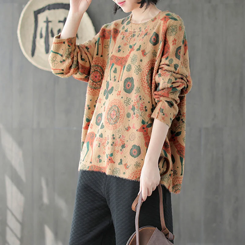 Женский пуловер с принтом оленя женские свитера осень 2019 новинка круглый вырез