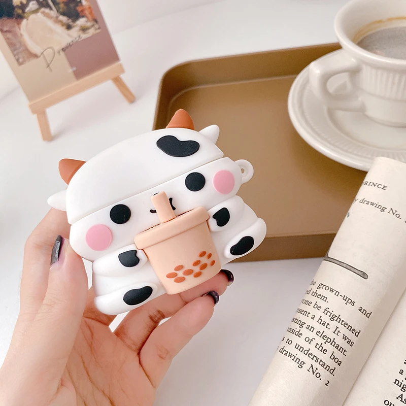 Симпатичный чехол для AirPods 1 2 Pro мультяшный 3D бычьего рогатого скота молока чая