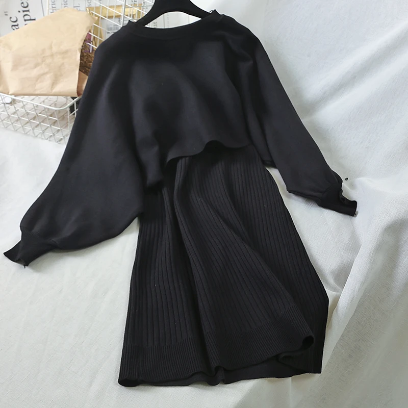 2019 Новая мода Женская одежда свитер + Висячие платья костюм из двух частей платье