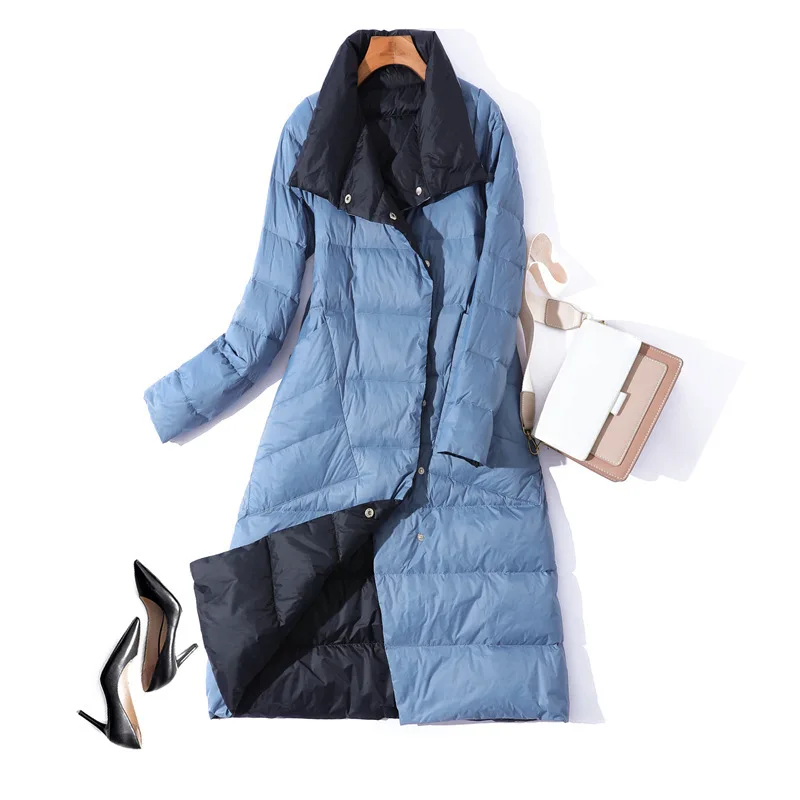 

Winter Women blue black double sided thick Down coats White Duck Down fur collar Hooded Jackets Long Sleeve Portable Outwear
