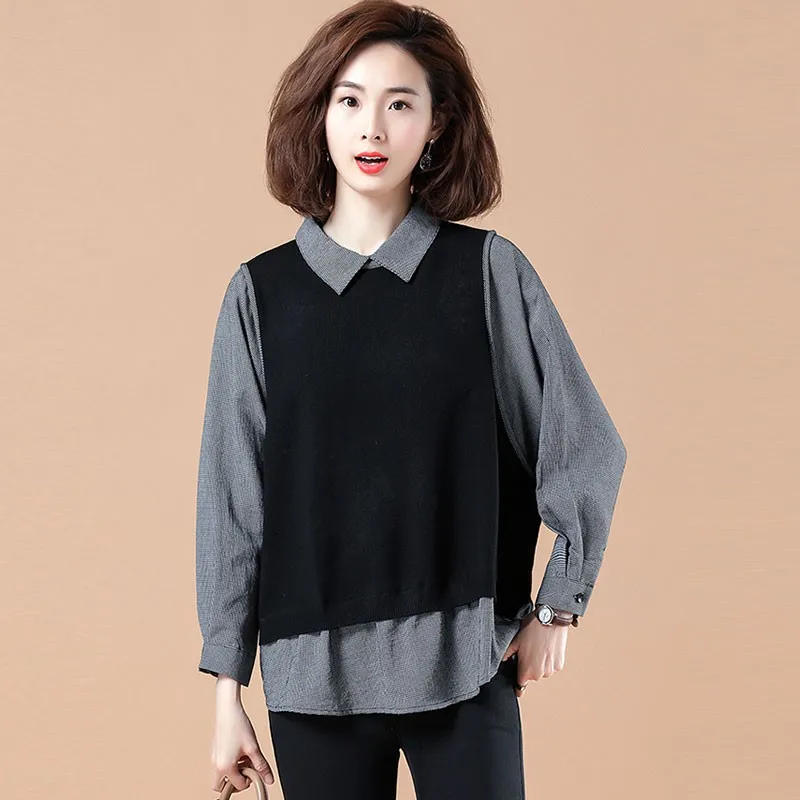 

Женская блузка с длинным рукавом размера плюс, новинка 2020, корейский стиль, модный пэчворк, имитация двух частей, женские свободные повседне...